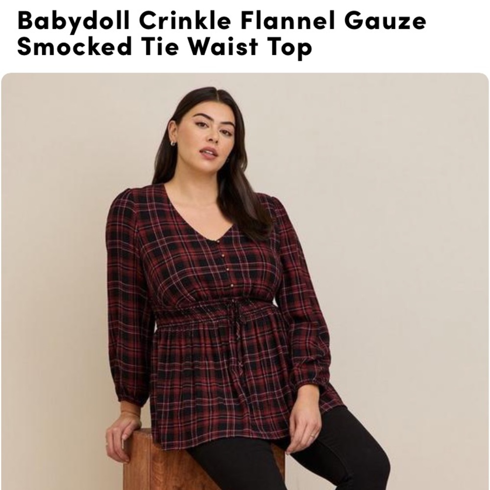 Babydoll Crinkle Flannel Gauze Smocked Tie Waist Top